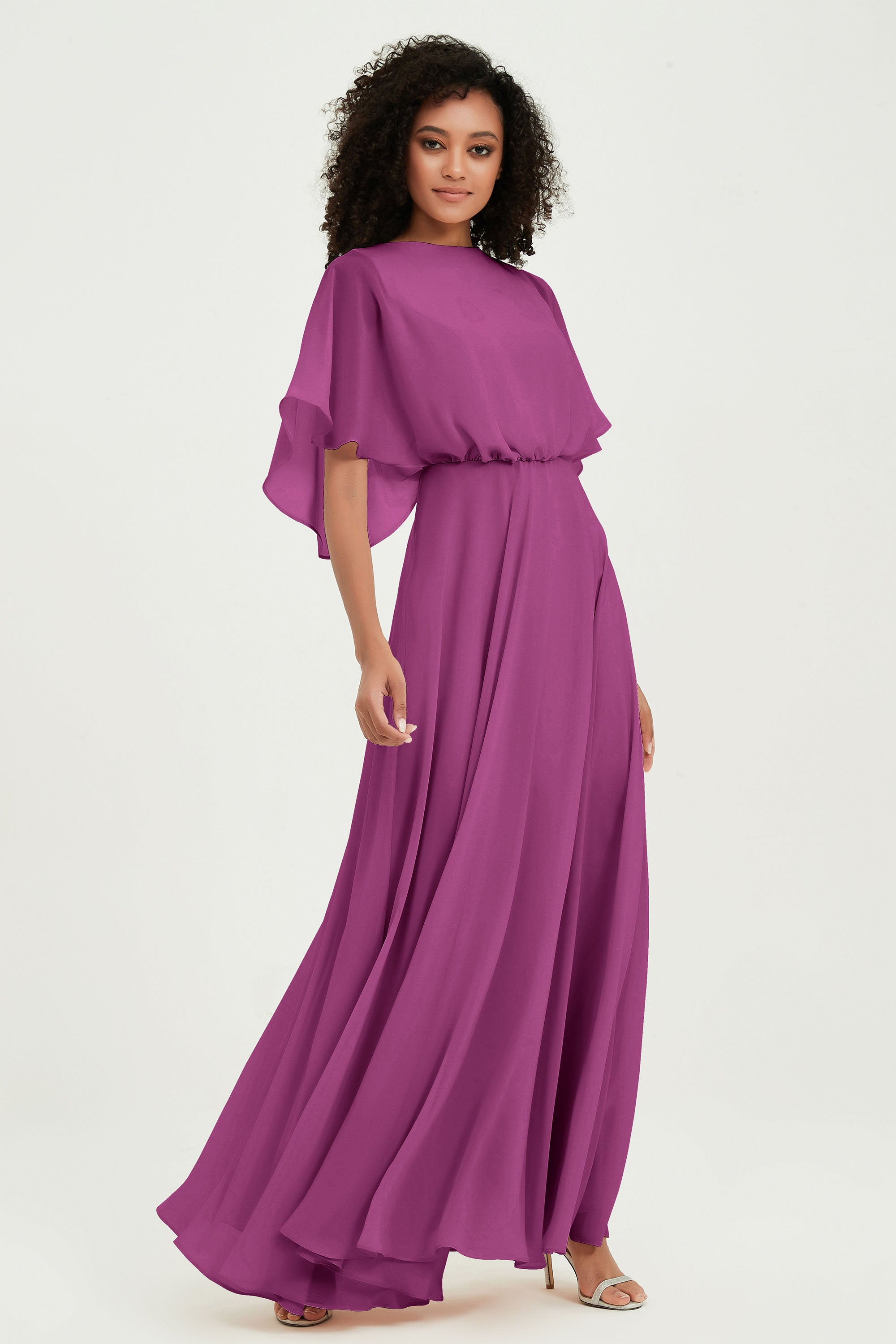 Flutter Sleeves Jewel Chiffon Bridesmaid Dress Floor Length Formal Evening Dresses Gowns