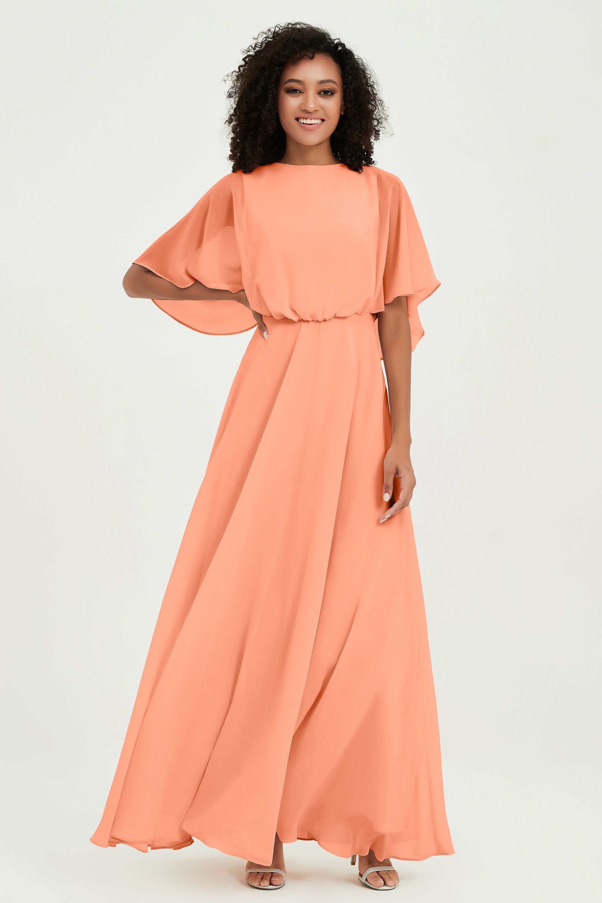 Flutter Sleeves Jewel Chiffon Bridesmaid Dress Floor Length Formal Evening Dresses Gowns