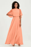 Flutter Sleeves Jewel Chiffon Bridesmaid Dress Floor Length Formal Evening Dresses Gowns