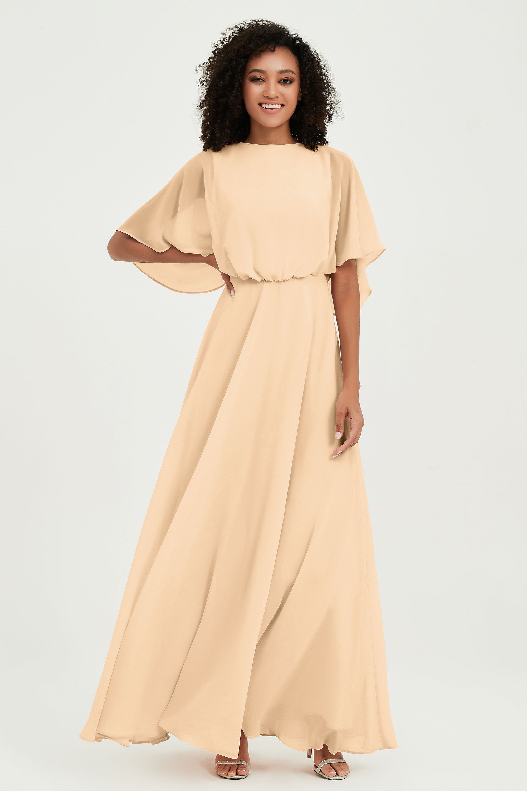 Flutter Sleeves Jewel Chiffon Bridesmaid Dress Floor Length Formal Evening Dresses Gowns