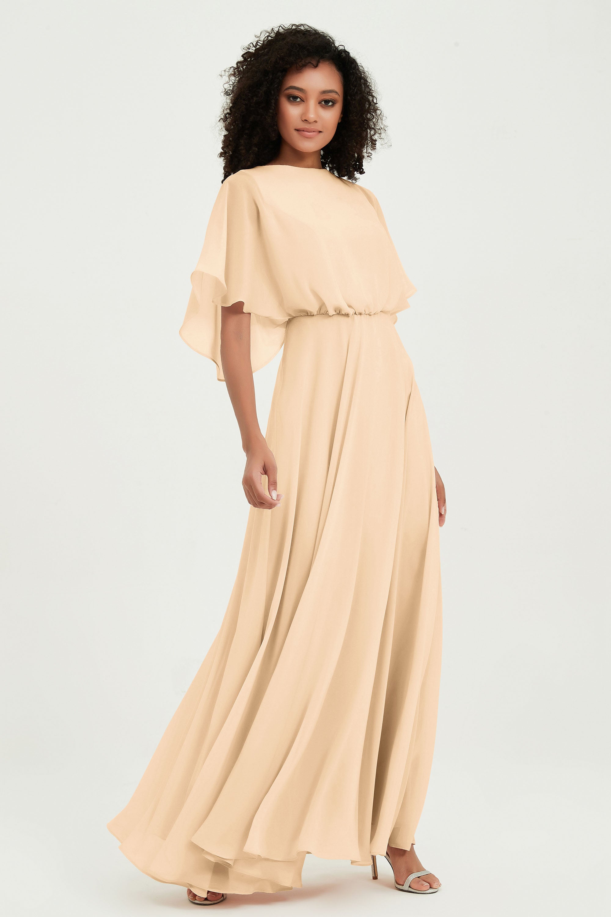 Flutter Sleeves Jewel Chiffon Bridesmaid Dress Floor Length Formal Evening Dresses Gowns