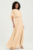 Flutter Sleeves Jewel Chiffon Bridesmaid Dress Floor Length Formal Evening Dresses Gowns