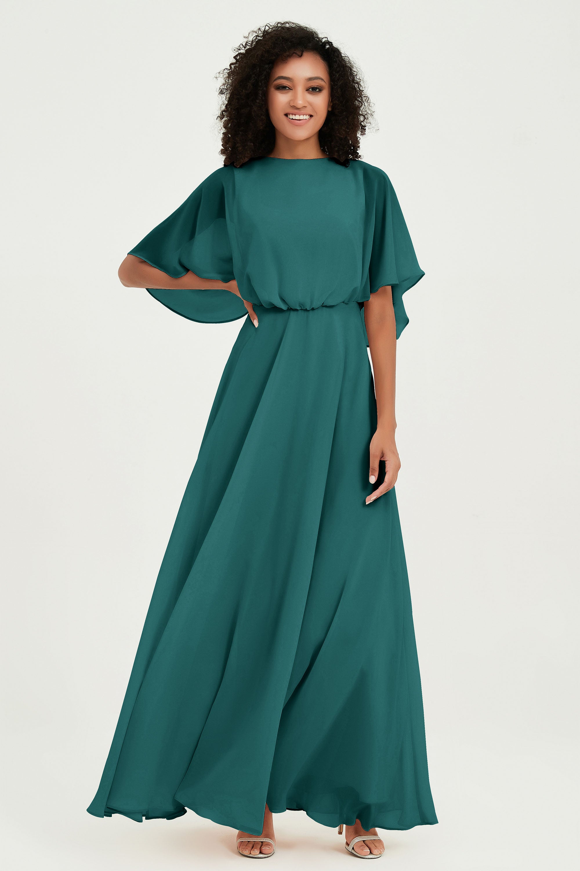 Flutter Sleeves Jewel Chiffon Bridesmaid Dress Floor Length Formal Evening Dresses Gowns