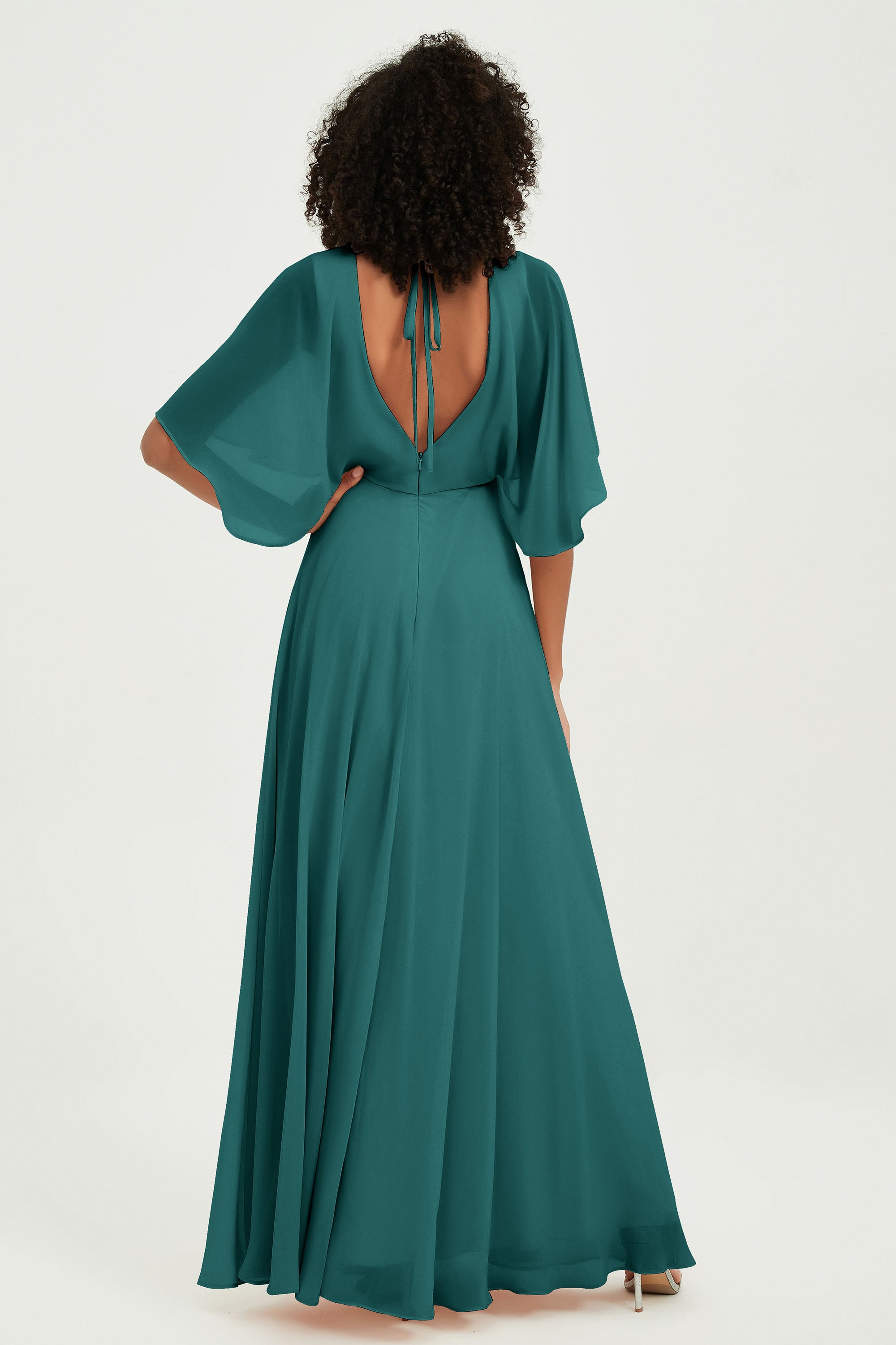Flutter Sleeves Jewel Chiffon Bridesmaid Dress Floor Length Formal Evening Dresses Gowns