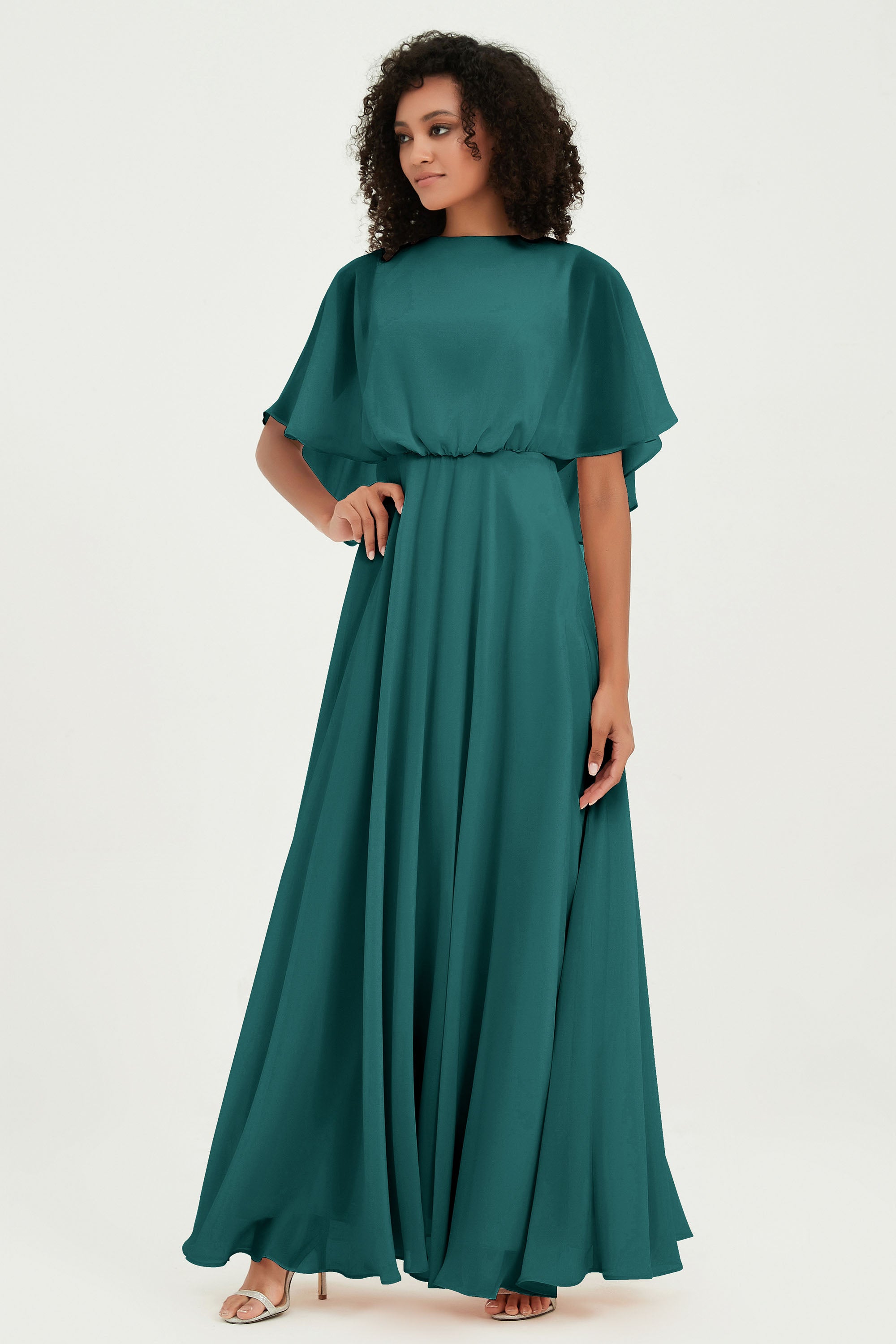 Flutter Sleeves Jewel Chiffon Bridesmaid Dress Floor Length Formal Evening Dresses Gowns