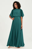 Flutter Sleeves Jewel Chiffon Bridesmaid Dress Floor Length Formal Evening Dresses Gowns