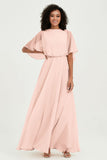 Flutter Sleeves Jewel Chiffon Bridesmaid Dress Floor Length Formal Evening Dresses Gowns