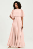 Flutter Sleeves Jewel Chiffon Bridesmaid Dress Floor Length Formal Evening Dresses Gowns