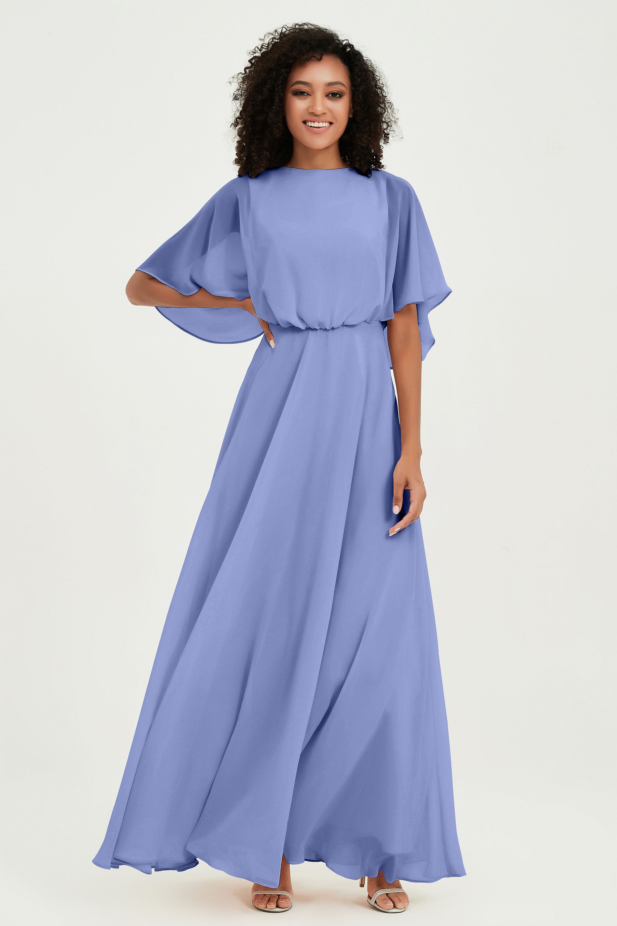 Flutter Sleeves Jewel Chiffon Bridesmaid Dress Floor Length Formal Evening Dresses Gowns