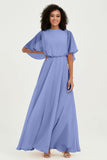 Flutter Sleeves Jewel Chiffon Bridesmaid Dress Floor Length Formal Evening Dresses Gowns
