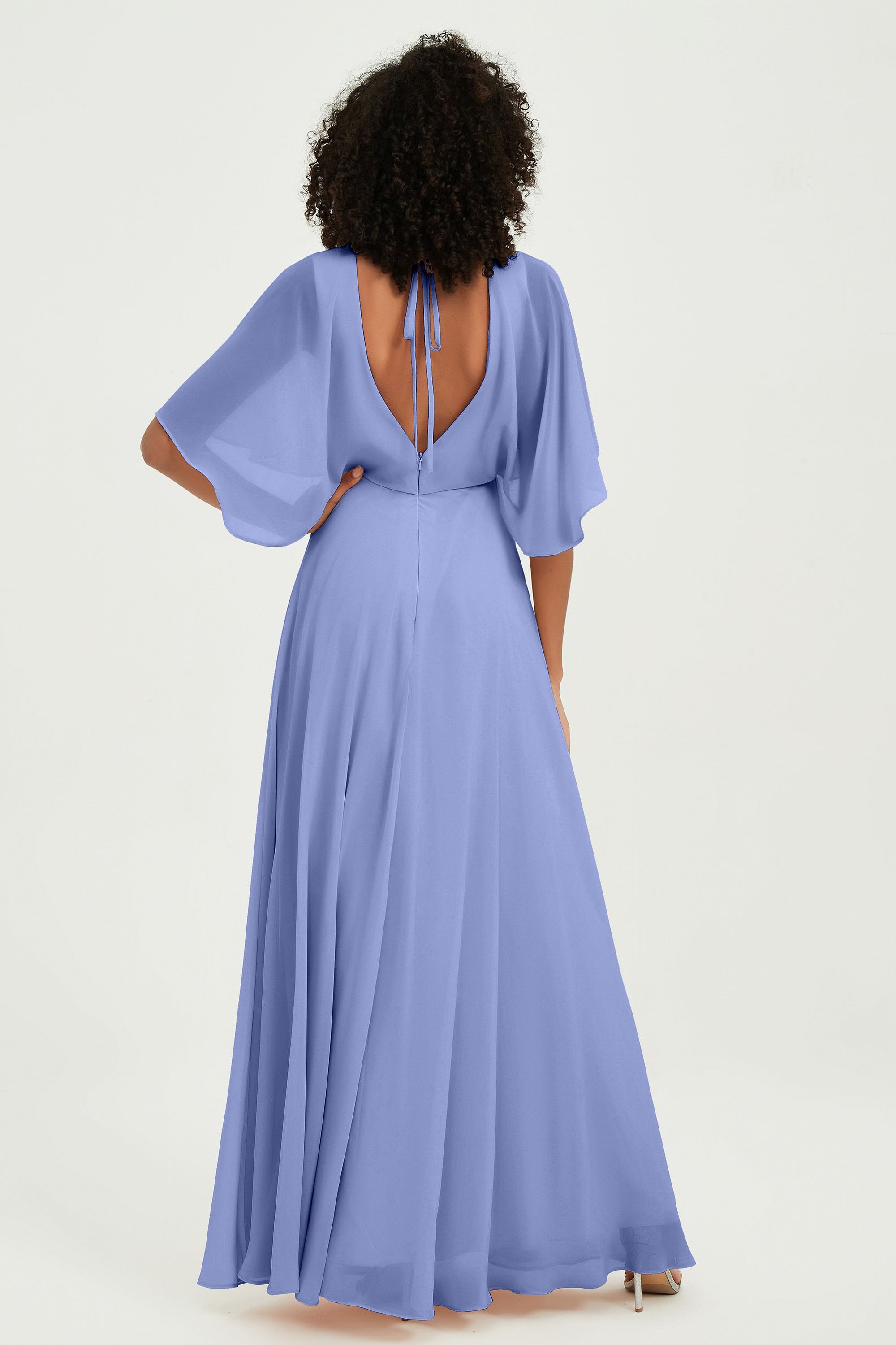 Flutter Sleeves Jewel Chiffon Bridesmaid Dress Floor Length Formal Evening Dresses Gowns