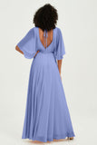 Flutter Sleeves Jewel Chiffon Bridesmaid Dress Floor Length Formal Evening Dresses Gowns