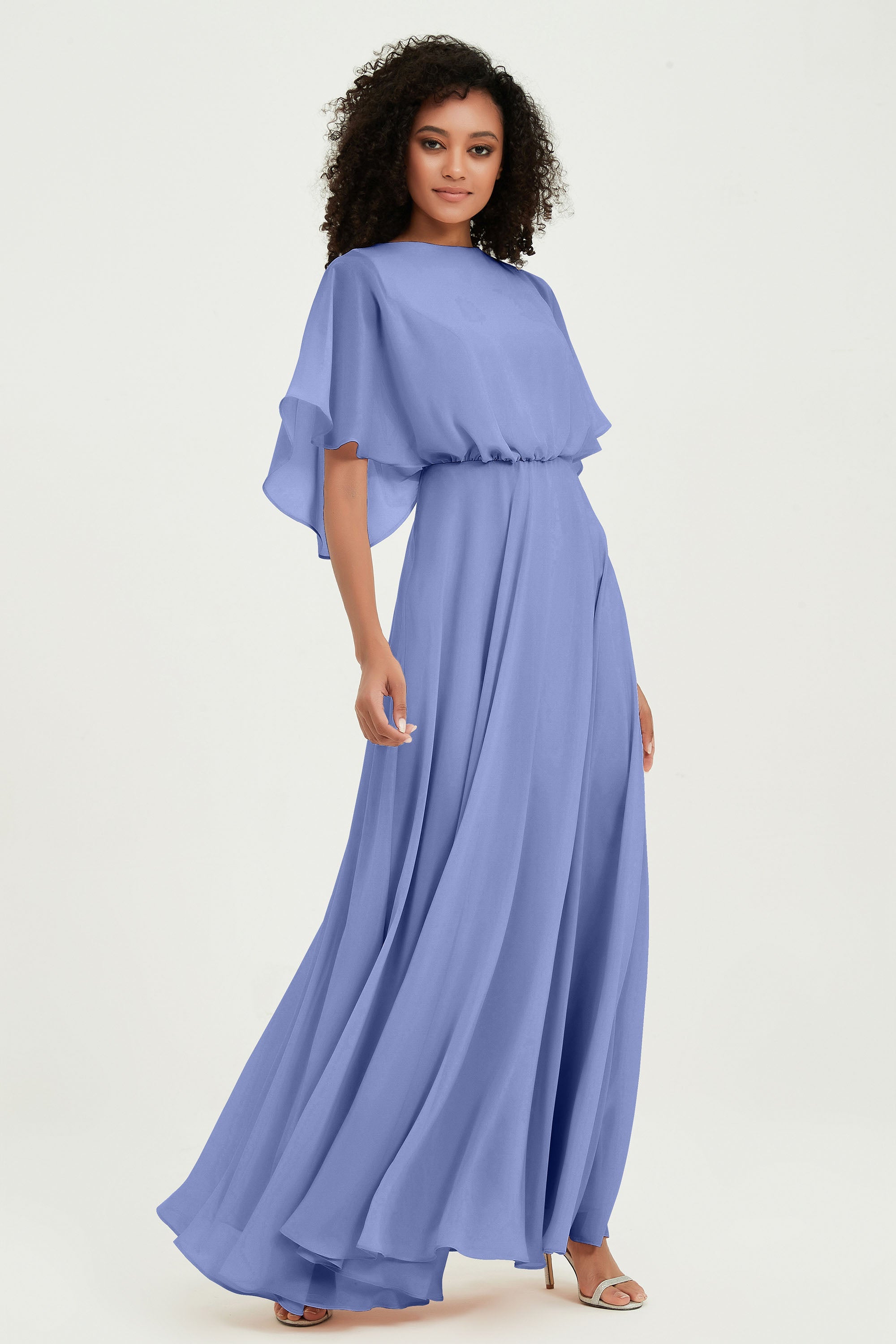 Flutter Sleeves Jewel Chiffon Bridesmaid Dress Floor Length Formal Evening Dresses Gowns