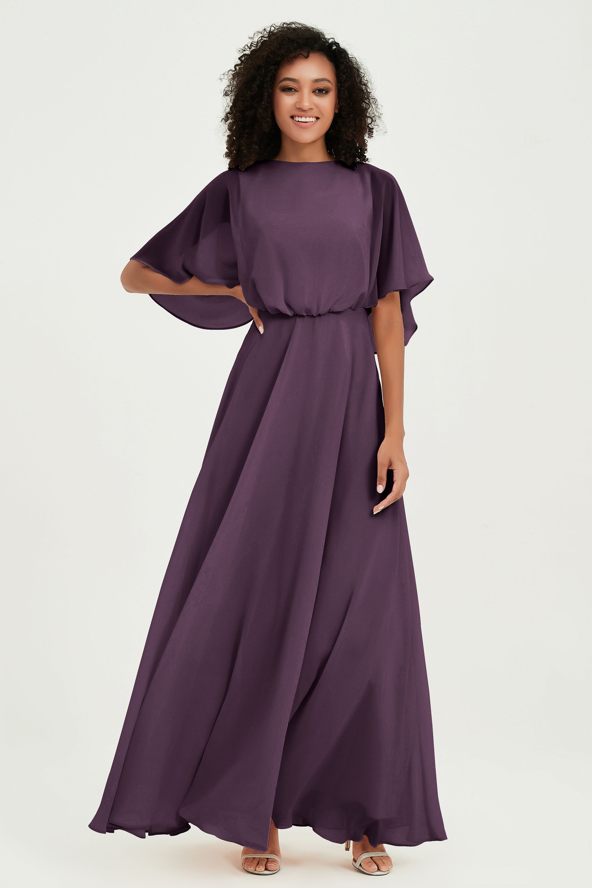 Flutter Sleeves Jewel Chiffon Bridesmaid Dress Floor Length Formal Evening Dresses Gowns