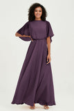 Flutter Sleeves Jewel Chiffon Bridesmaid Dress Floor Length Formal Evening Dresses Gowns