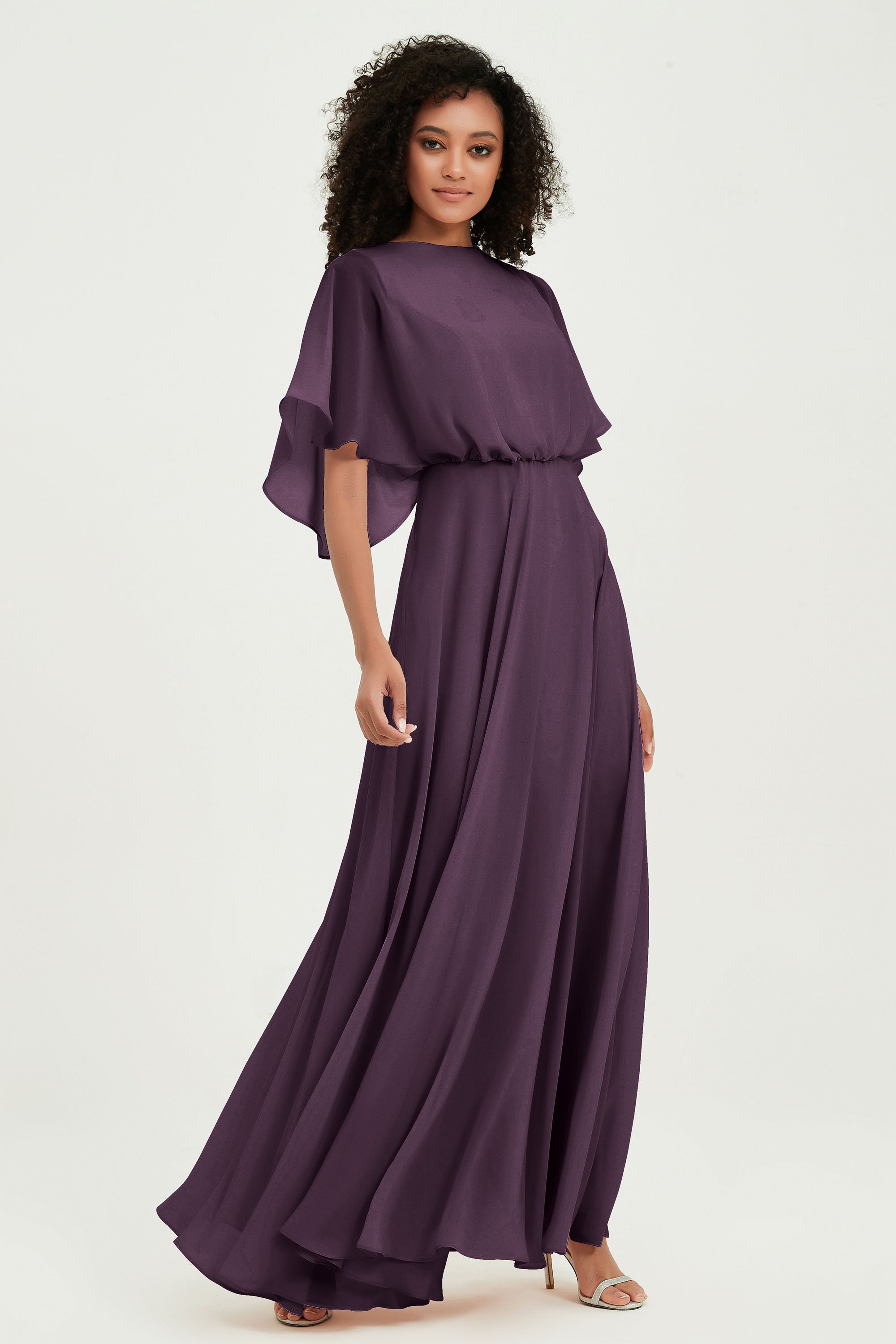 Flutter Sleeves Jewel Chiffon Bridesmaid Dress Floor Length Formal Evening Dresses Gowns