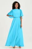 Flutter Sleeves Jewel Chiffon Bridesmaid Dress Floor Length Formal Evening Dresses Gowns