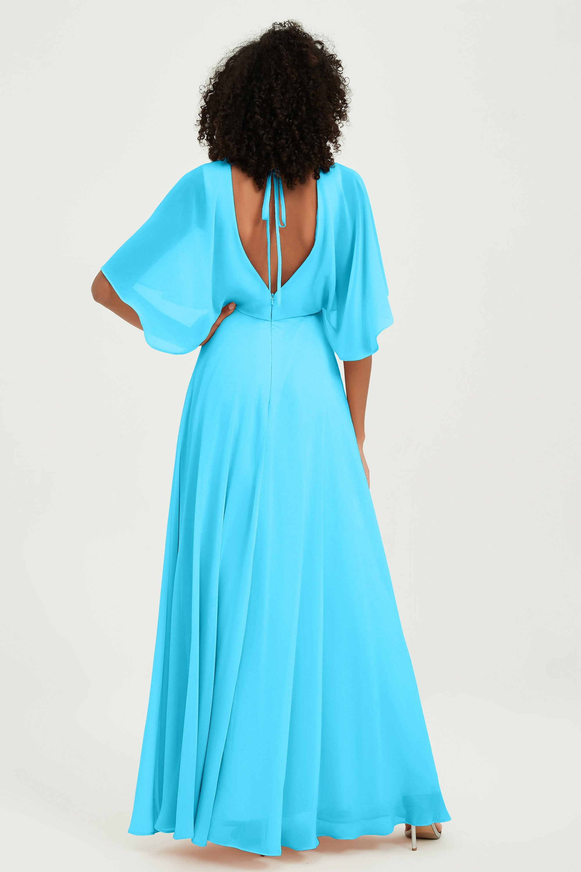 Flutter Sleeves Jewel Chiffon Bridesmaid Dress Floor Length Formal Evening Dresses Gowns