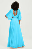 Flutter Sleeves Jewel Chiffon Bridesmaid Dress Floor Length Formal Evening Dresses Gowns