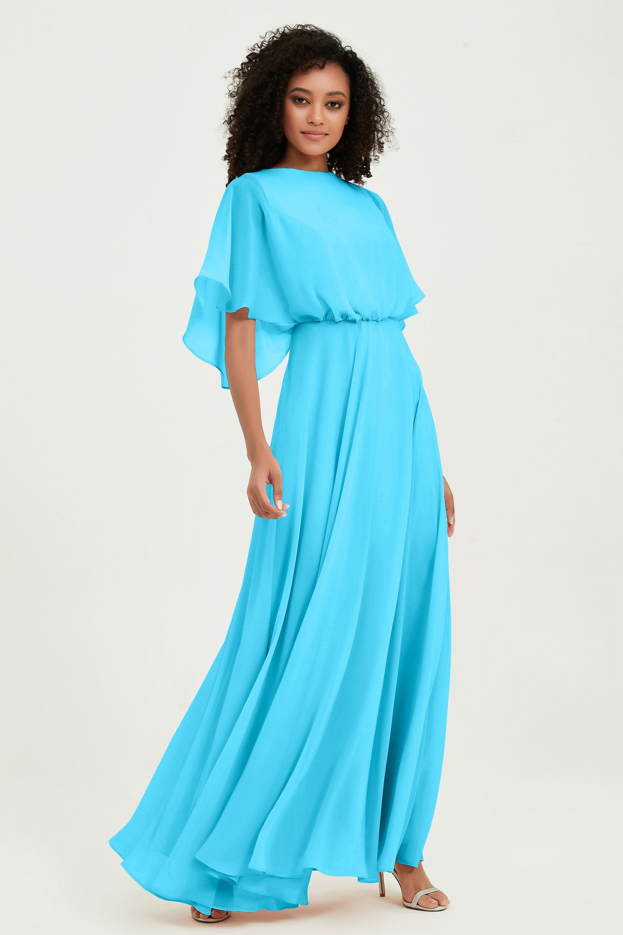 Flutter Sleeves Jewel Chiffon Bridesmaid Dress Floor Length Formal Evening Dresses Gowns