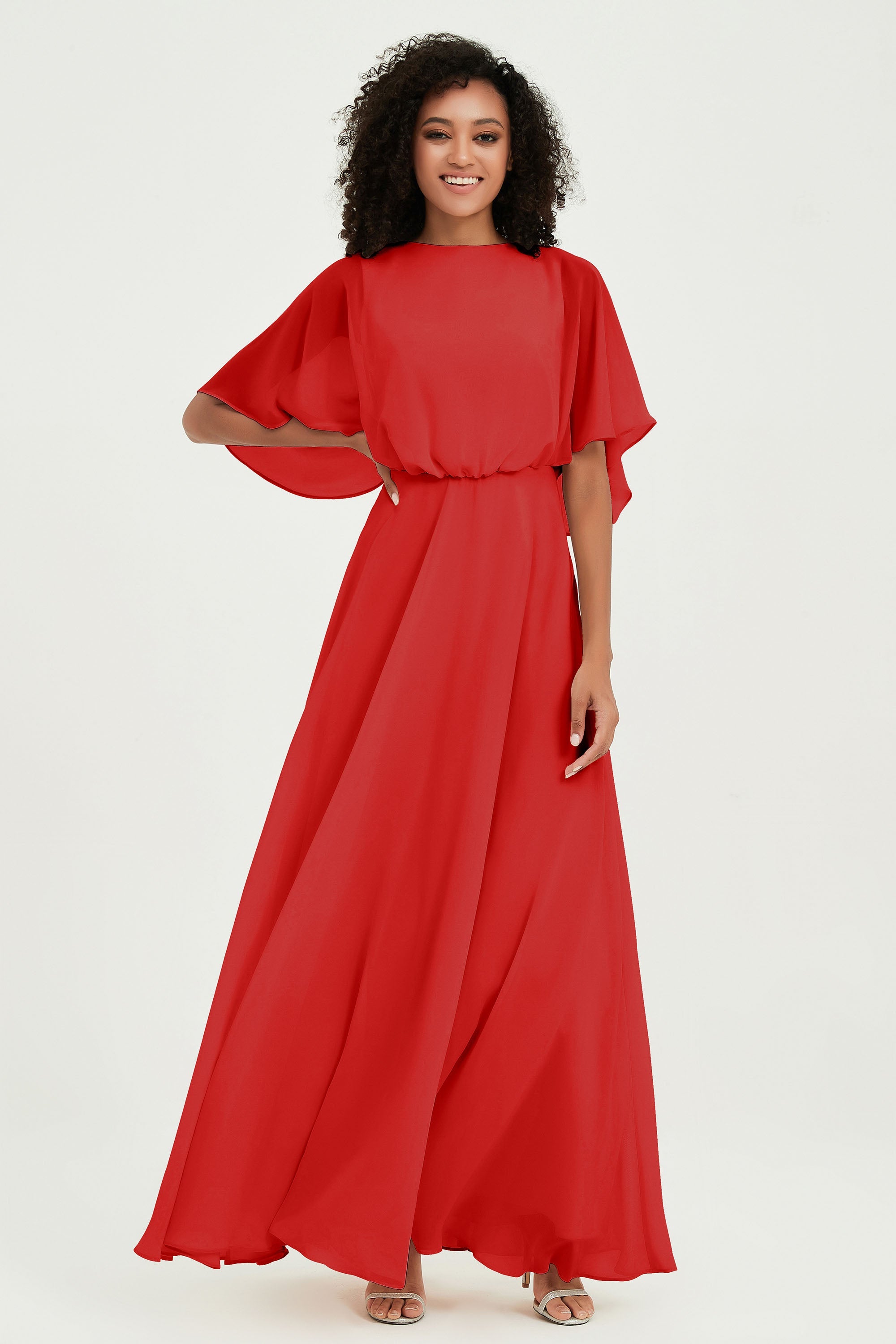 Flutter Sleeves Jewel Chiffon Bridesmaid Dress Floor Length Formal Evening Dresses Gowns