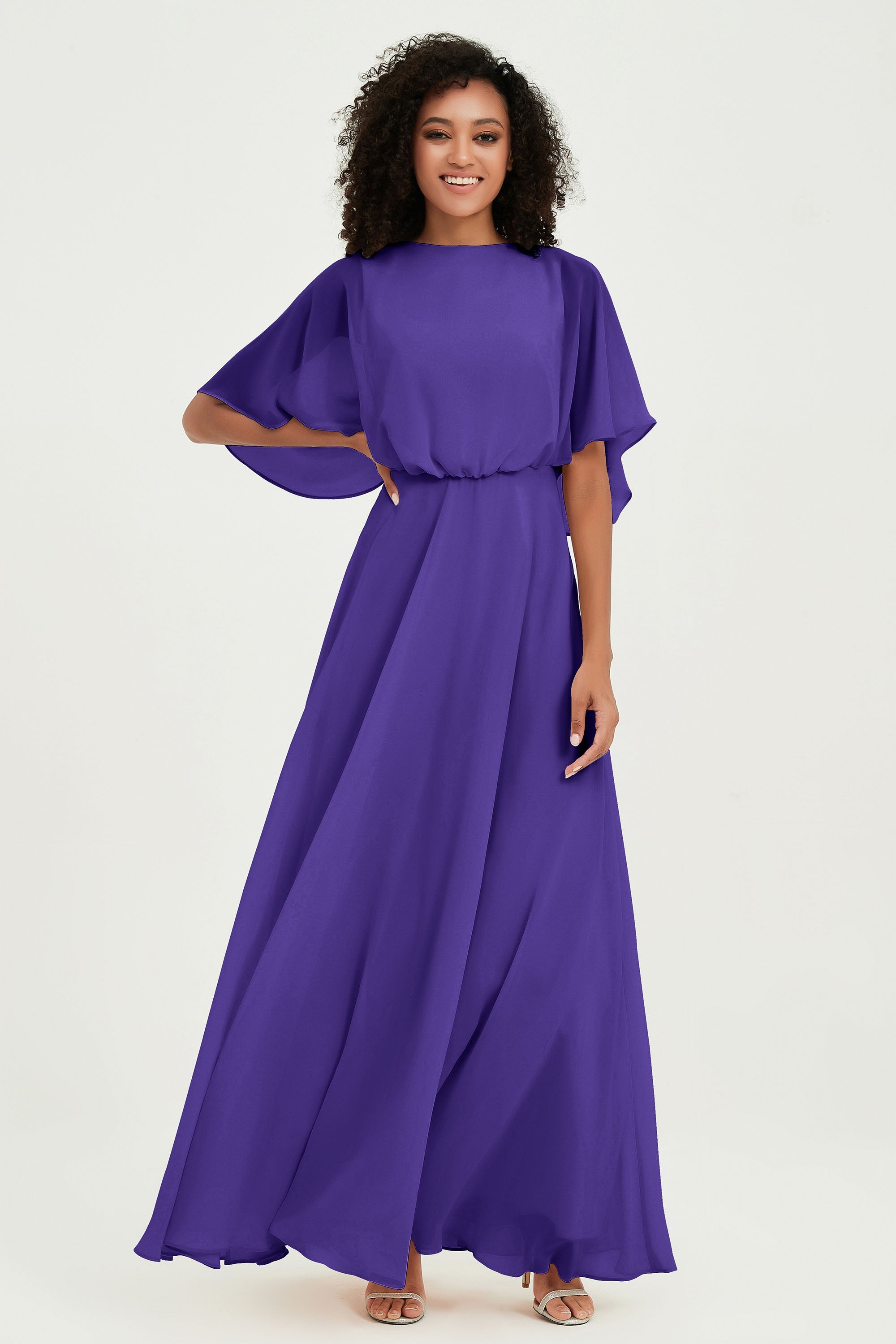 Flutter Sleeves Jewel Chiffon Bridesmaid Dress Floor Length Formal Evening Dresses Gowns