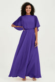 Flutter Sleeves Jewel Chiffon Bridesmaid Dress Floor Length Formal Evening Dresses Gowns