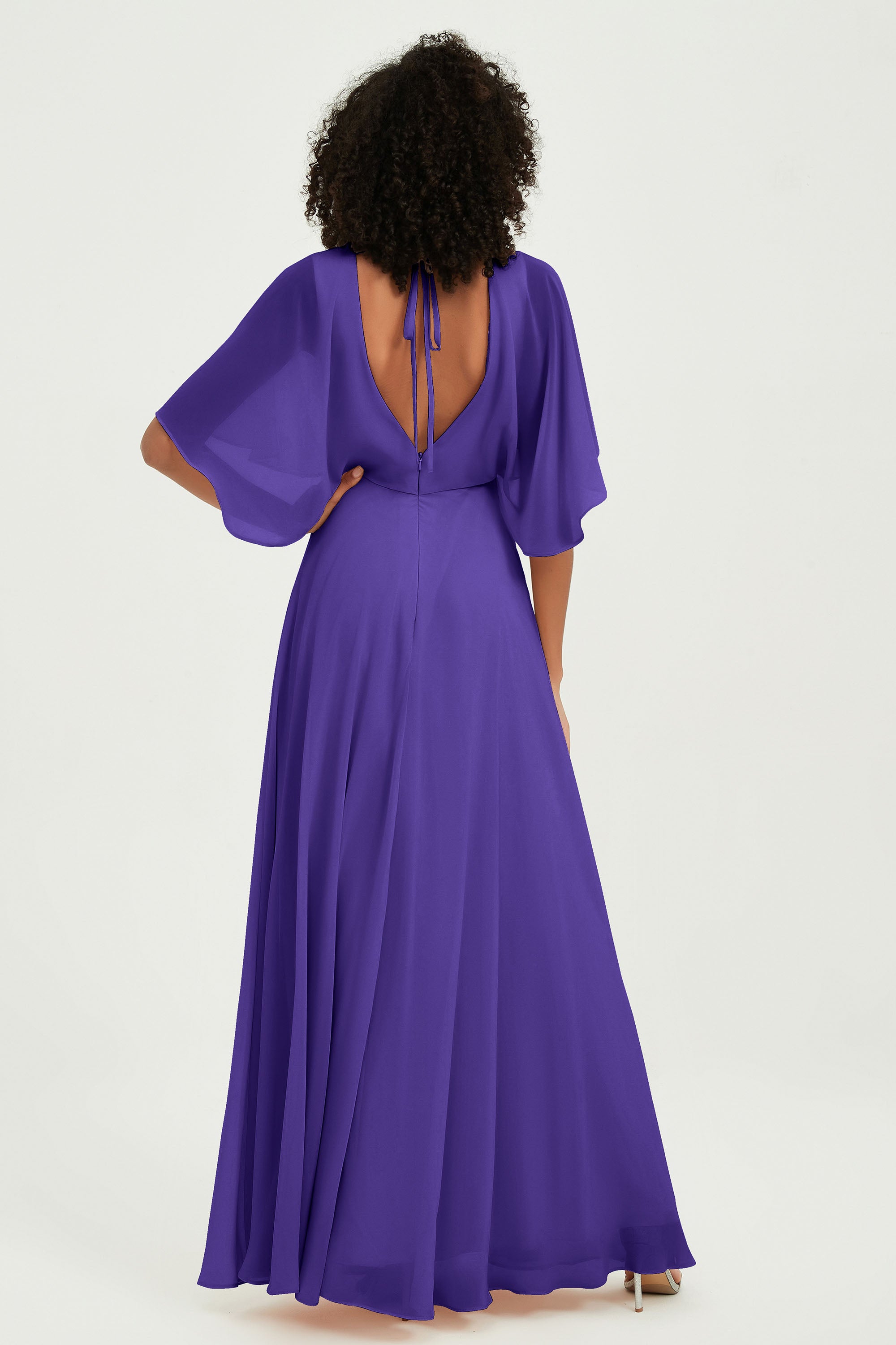 Flutter Sleeves Jewel Chiffon Bridesmaid Dress Floor Length Formal Evening Dresses Gowns