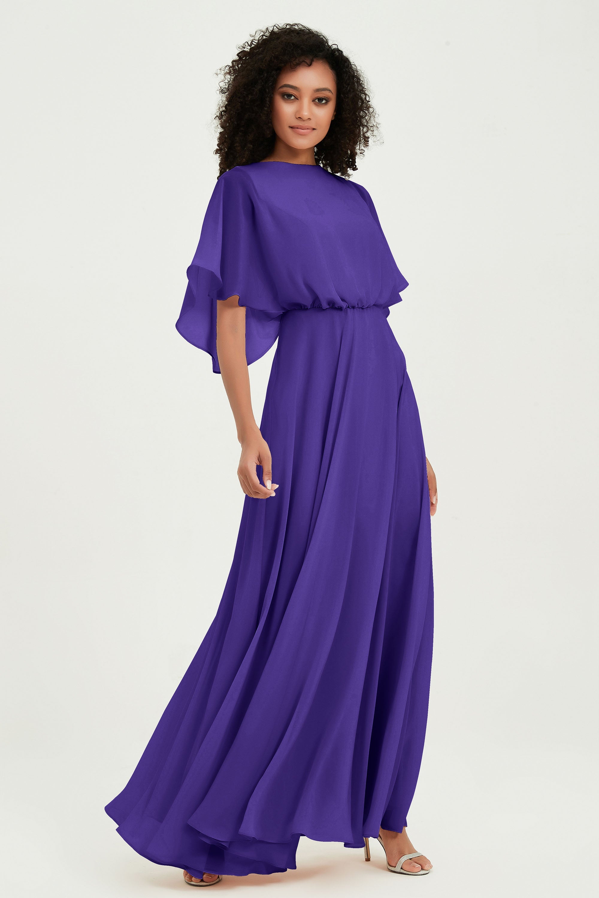 Flutter Sleeves Jewel Chiffon Bridesmaid Dress Floor Length Formal Evening Dresses Gowns