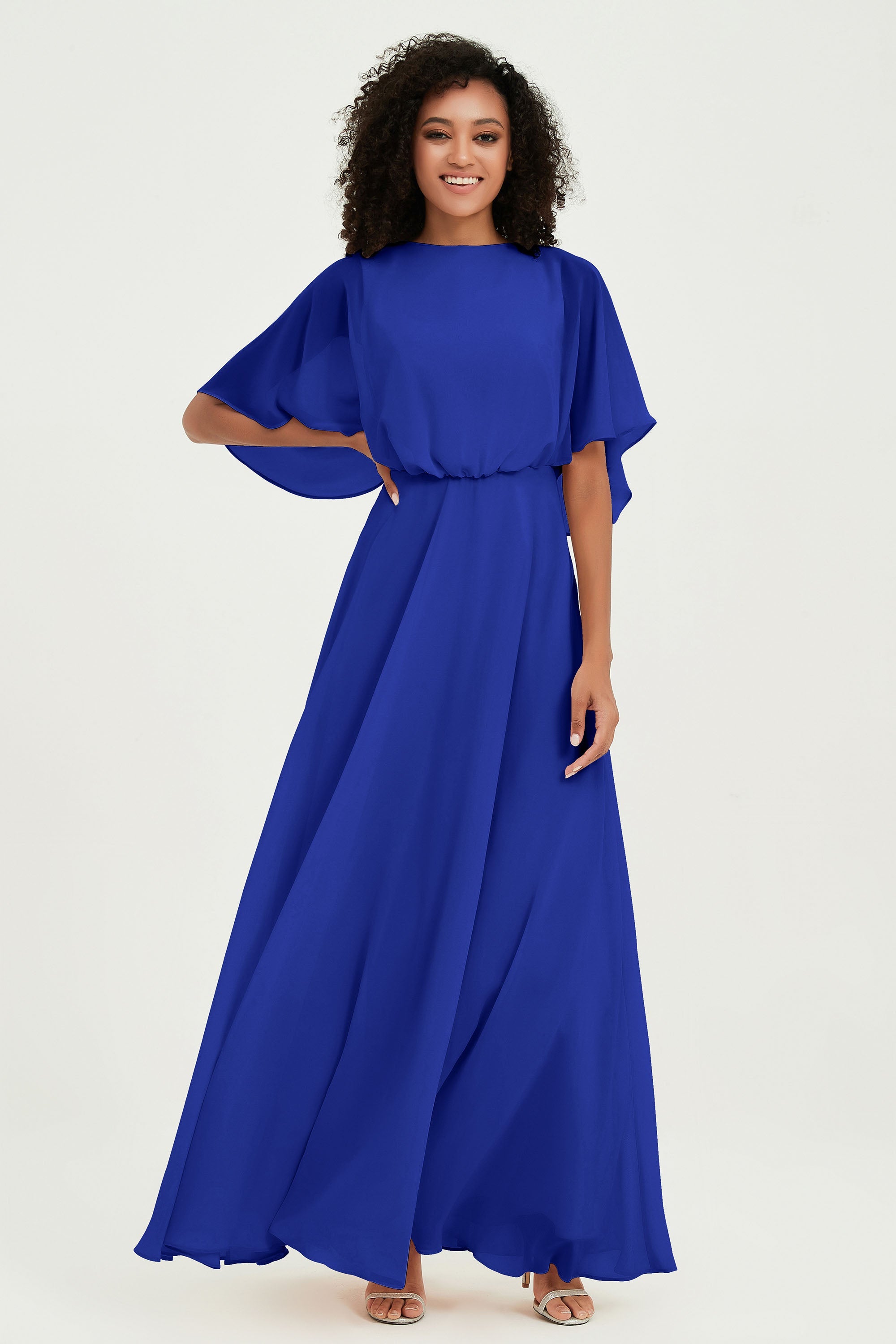 Flutter Sleeves Jewel Chiffon Bridesmaid Dress Floor Length Formal Evening Dresses Gowns