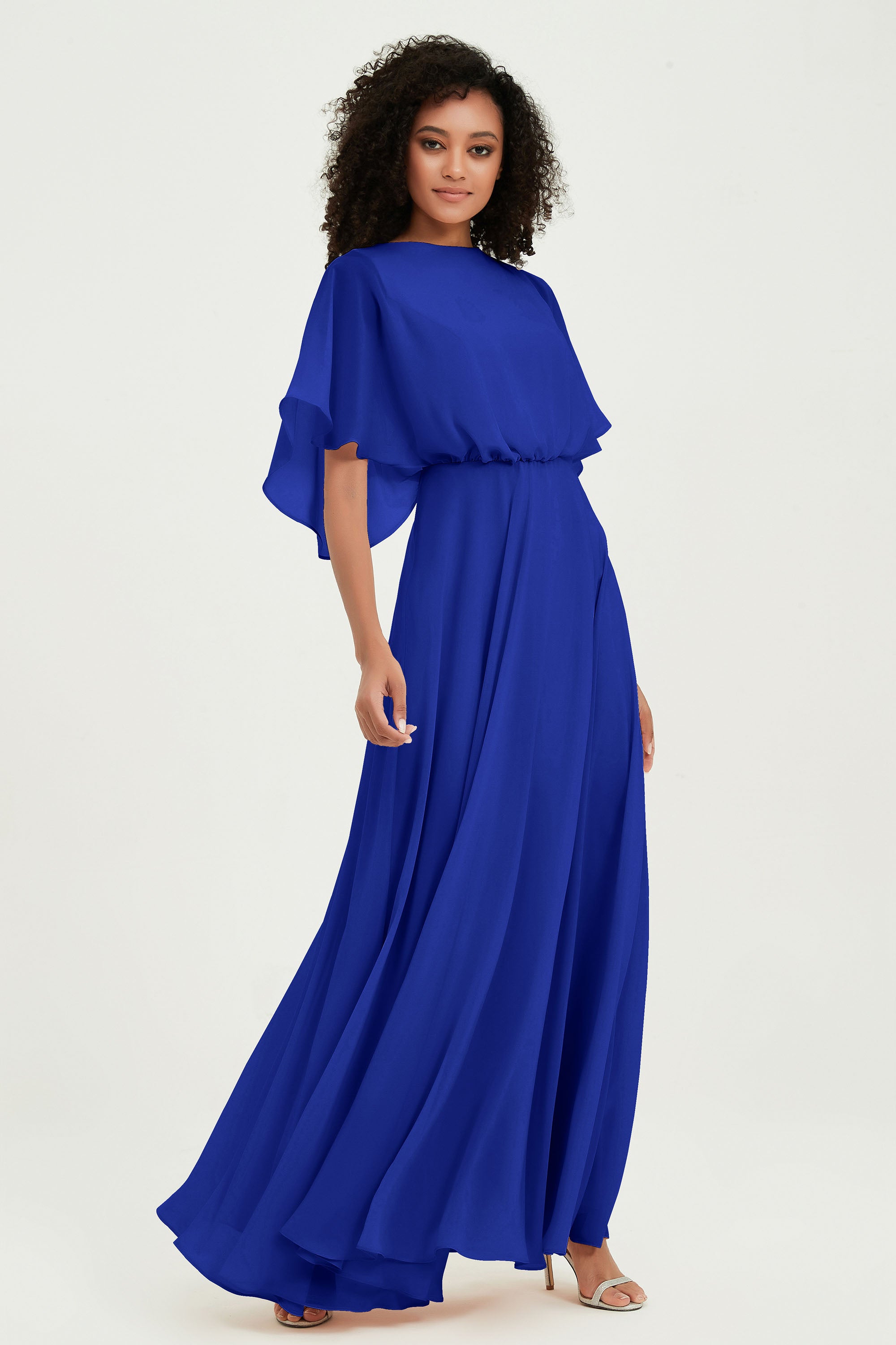 Flutter Sleeves Jewel Chiffon Bridesmaid Dress Floor Length Formal Evening Dresses Gowns