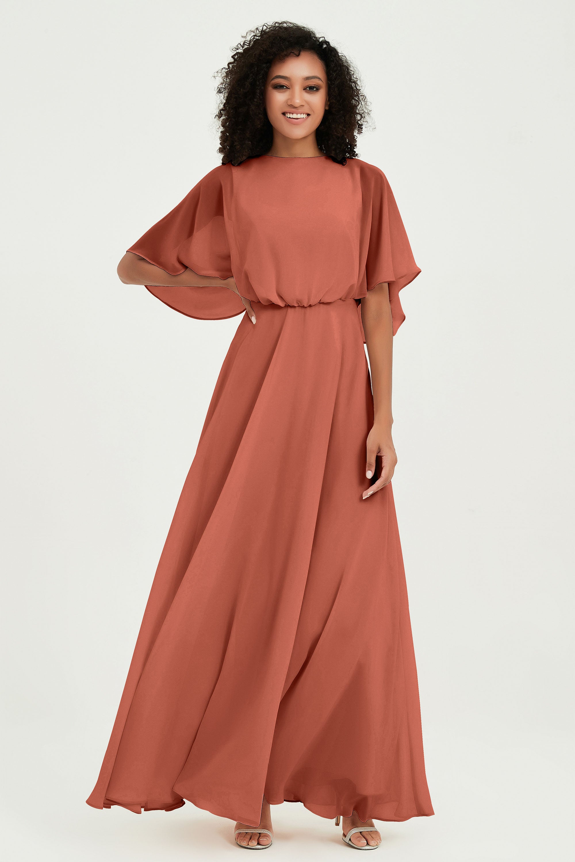 Flutter Sleeves Jewel Chiffon Bridesmaid Dress Floor Length Formal Evening Dresses Gowns