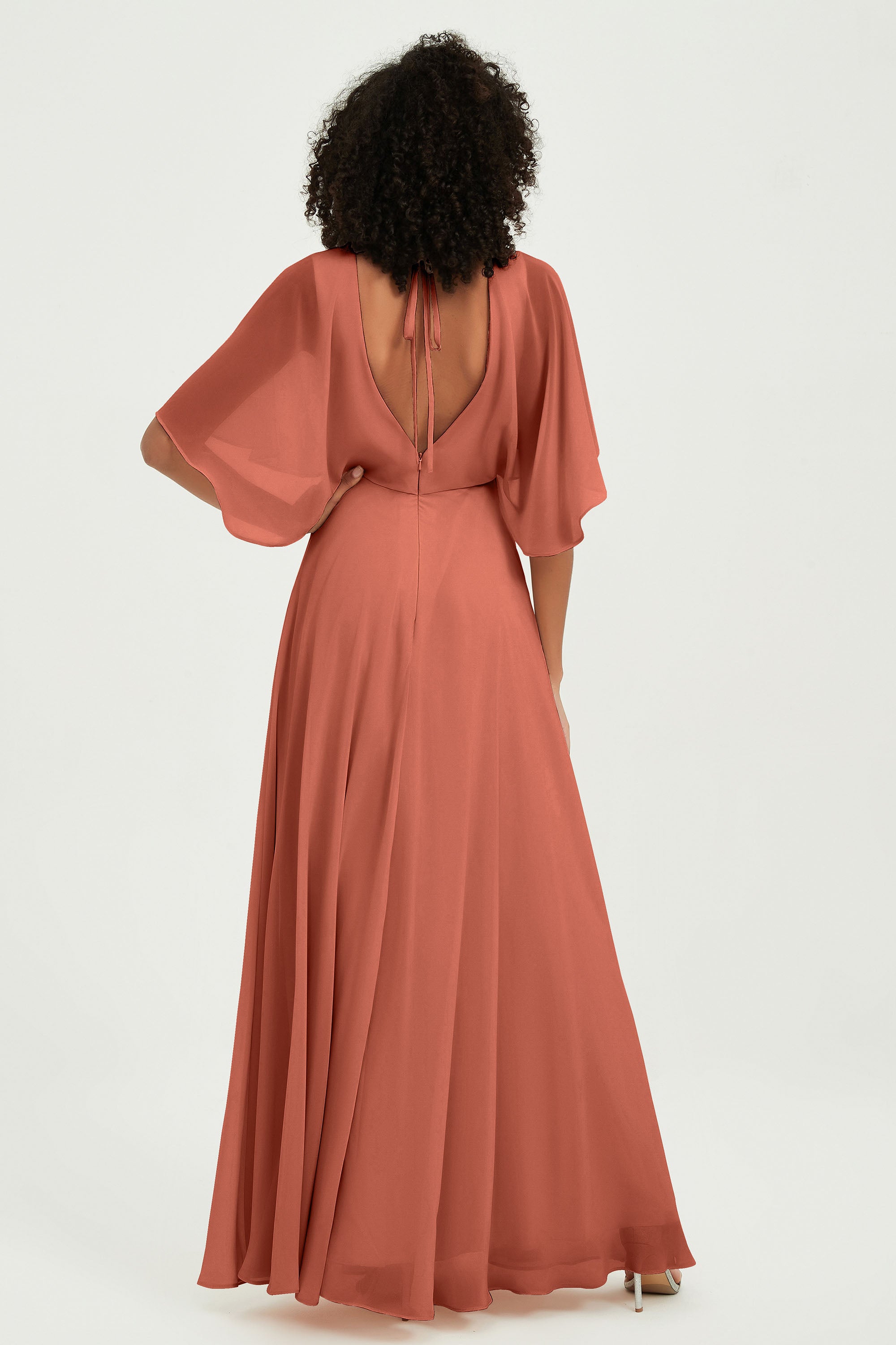Flutter Sleeves Jewel Chiffon Bridesmaid Dress Floor Length Formal Evening Dresses Gowns