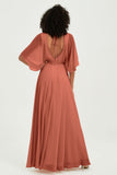 Flutter Sleeves Jewel Chiffon Bridesmaid Dress Floor Length Formal Evening Dresses Gowns
