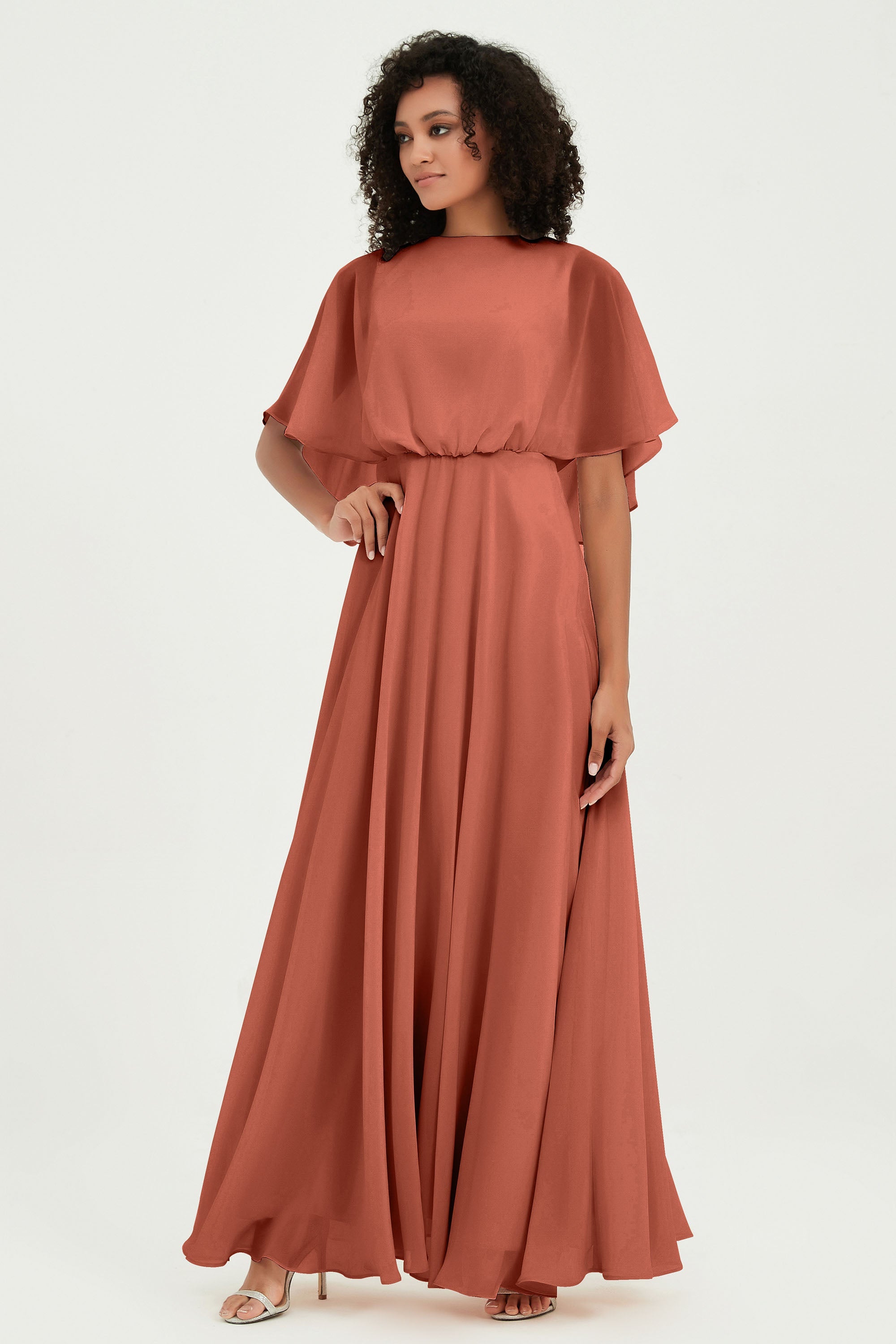 Flutter Sleeves Jewel Chiffon Bridesmaid Dress Floor Length Formal Evening Dresses Gowns
