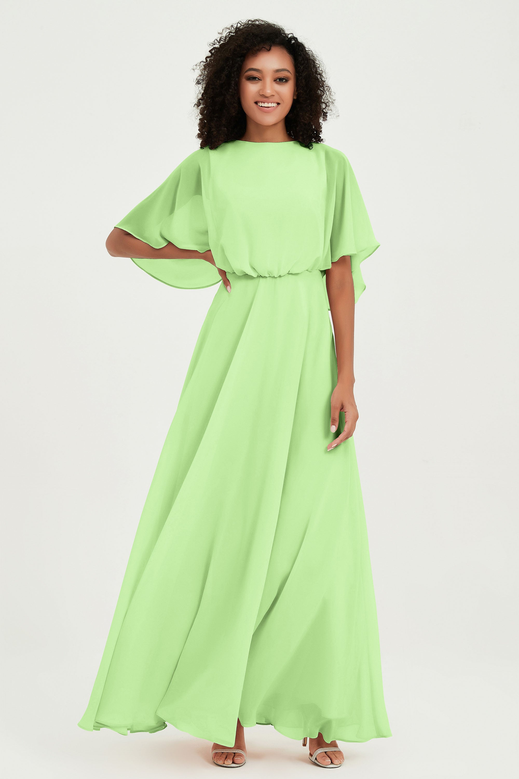 Flutter Sleeves Jewel Chiffon Bridesmaid Dress Floor Length Formal Evening Dresses Gowns
