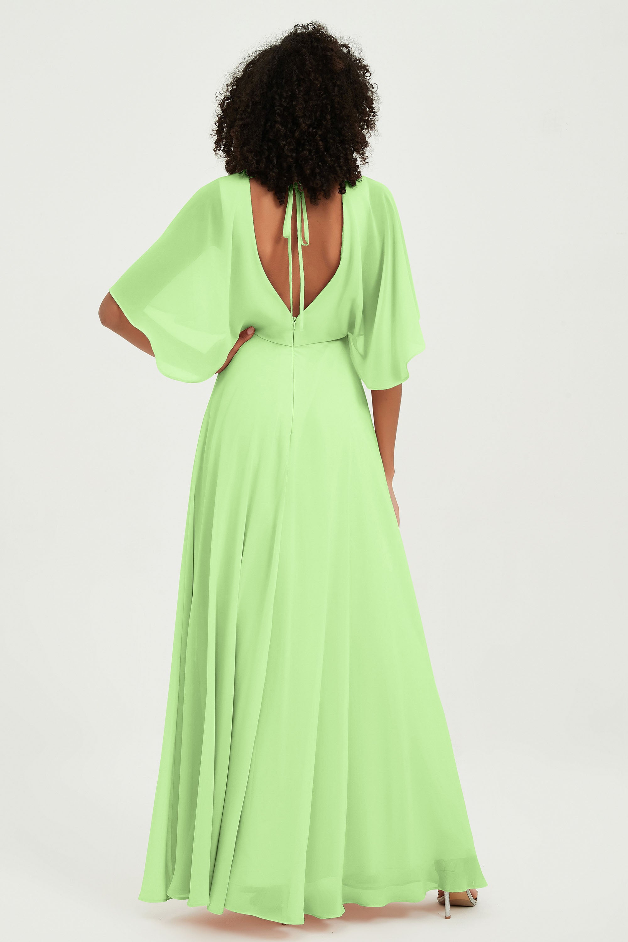 Flutter Sleeves Jewel Chiffon Bridesmaid Dress Floor Length Formal Evening Dresses Gowns