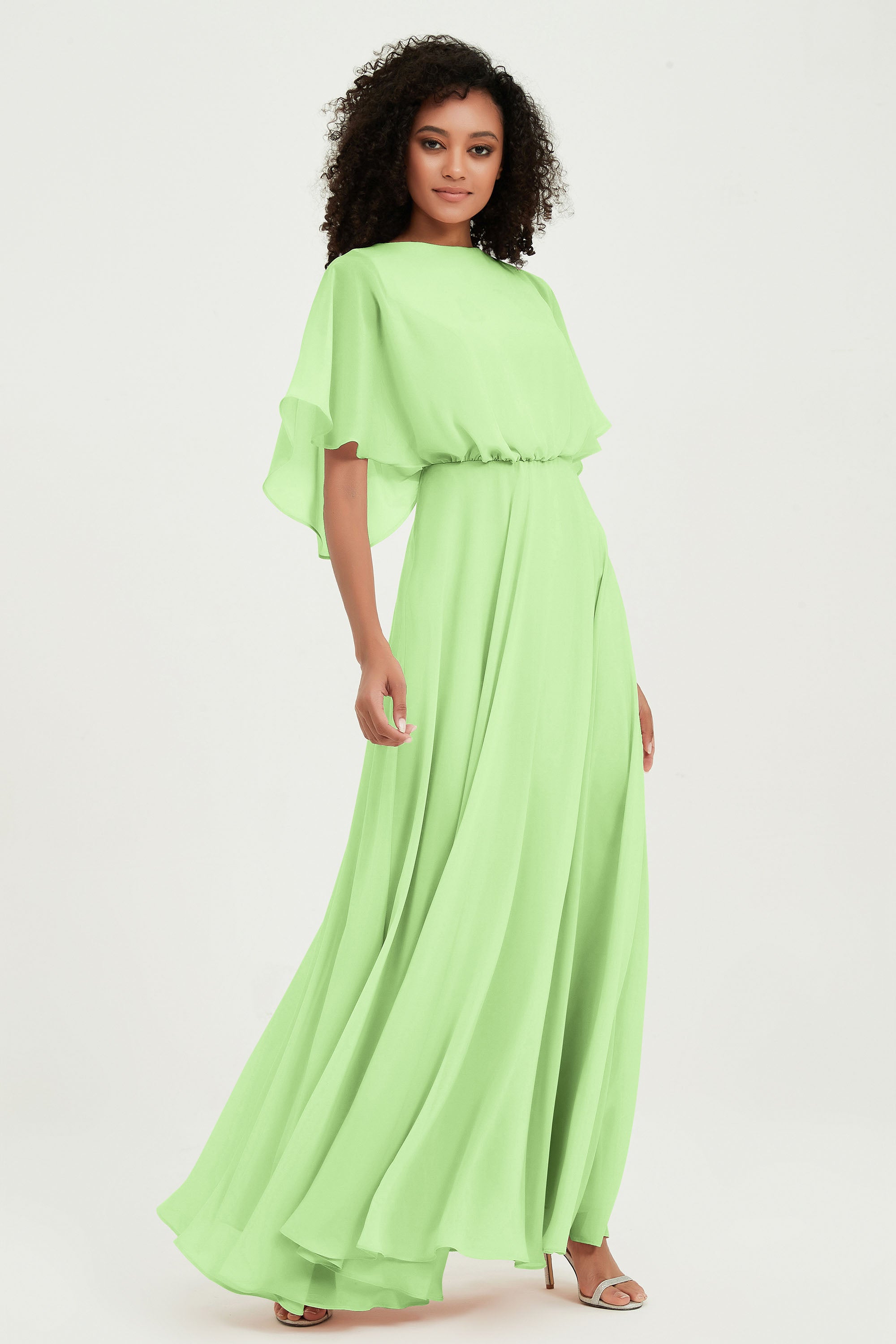 Flutter Sleeves Jewel Chiffon Bridesmaid Dress Floor Length Formal Evening Dresses Gowns