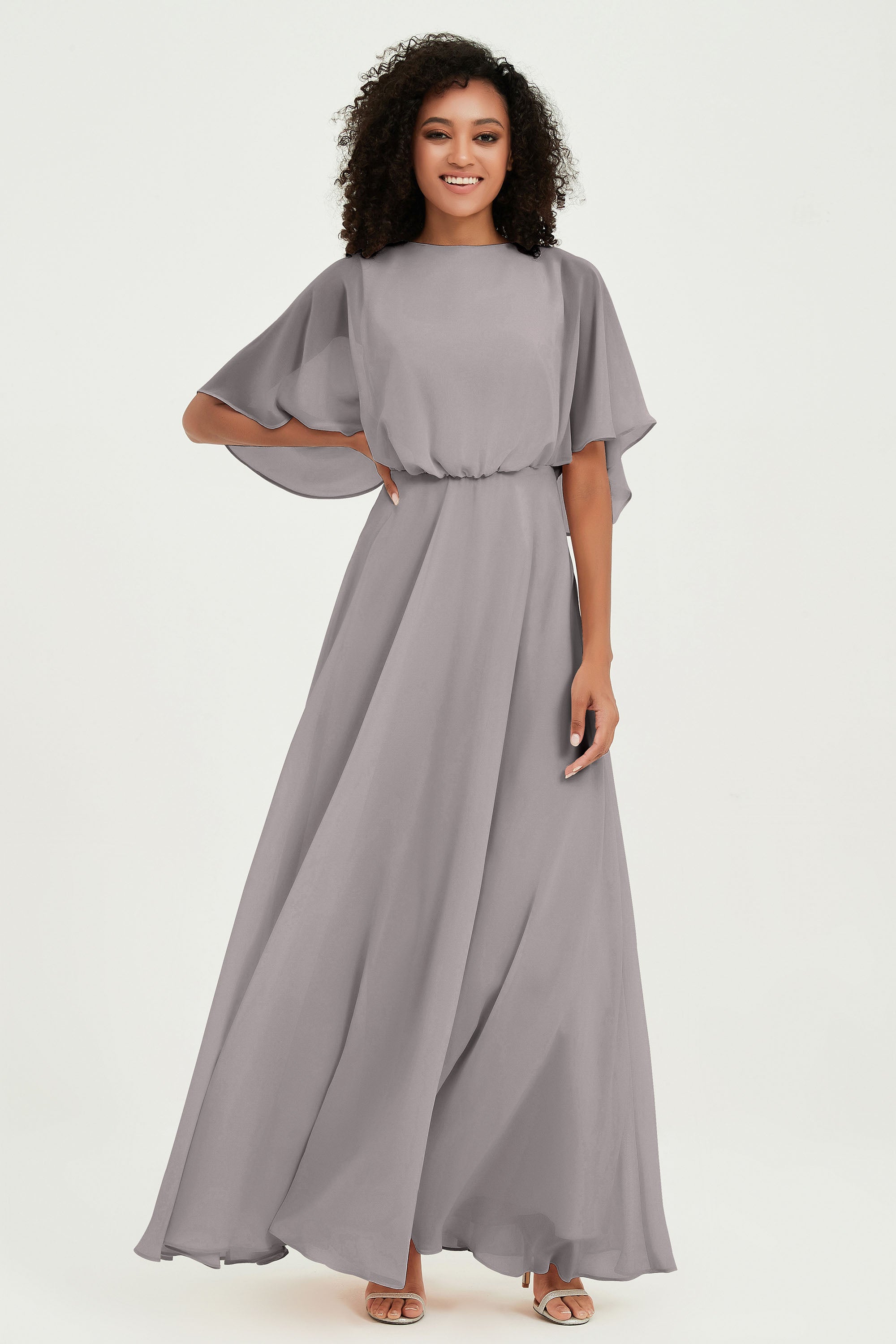 Flutter Sleeves Jewel Chiffon Bridesmaid Dress Floor Length Formal Evening Dresses Gowns