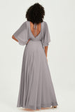 Flutter Sleeves Jewel Chiffon Bridesmaid Dress Floor Length Formal Evening Dresses Gowns