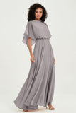 Flutter Sleeves Jewel Chiffon Bridesmaid Dress Floor Length Formal Evening Dresses Gowns