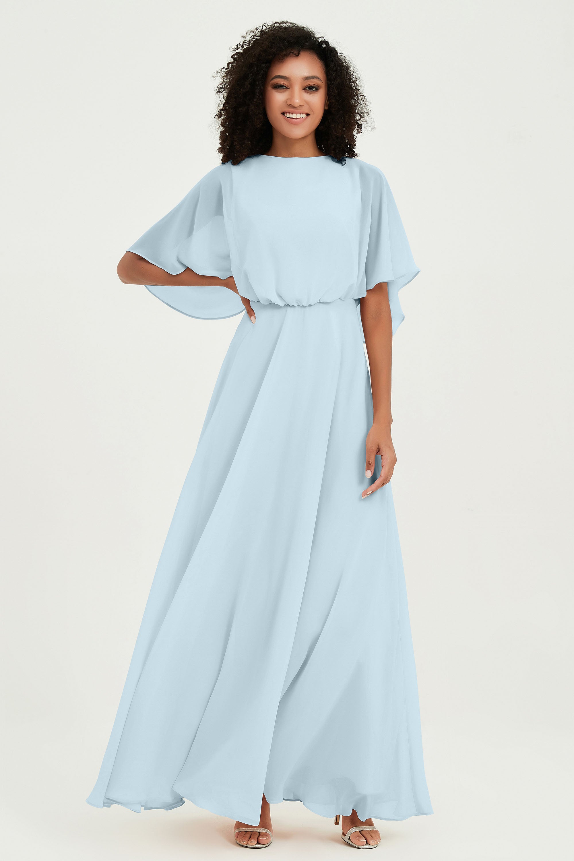 Flutter Sleeves Jewel Chiffon Bridesmaid Dress Floor Length Formal Evening Dresses Gowns