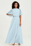 Flutter Sleeves Jewel Chiffon Bridesmaid Dress Floor Length Formal Evening Dresses Gowns