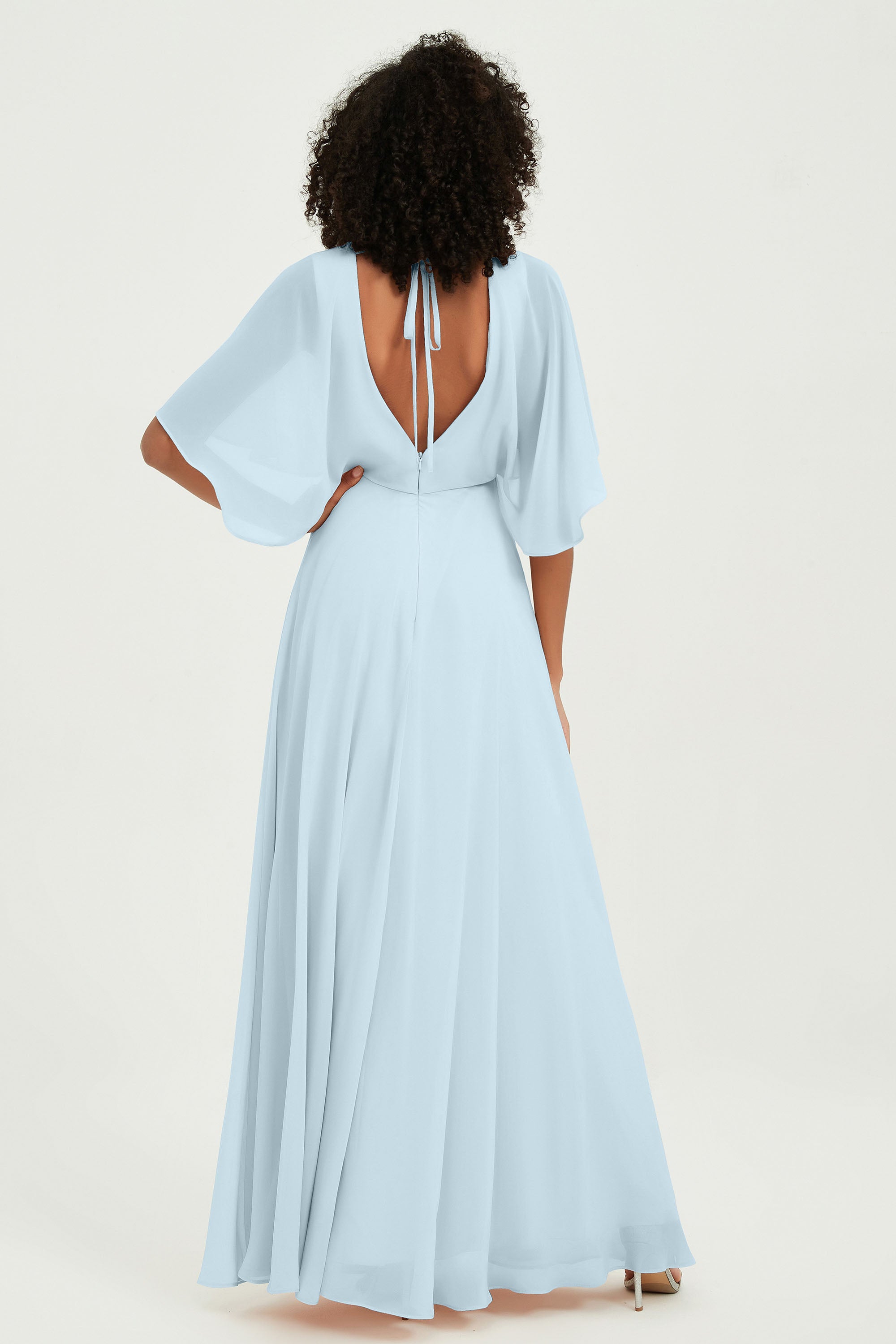 Flutter Sleeves Jewel Chiffon Bridesmaid Dress Floor Length Formal Evening Dresses Gowns