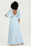 Flutter Sleeves Jewel Chiffon Bridesmaid Dress Floor Length Formal Evening Dresses Gowns