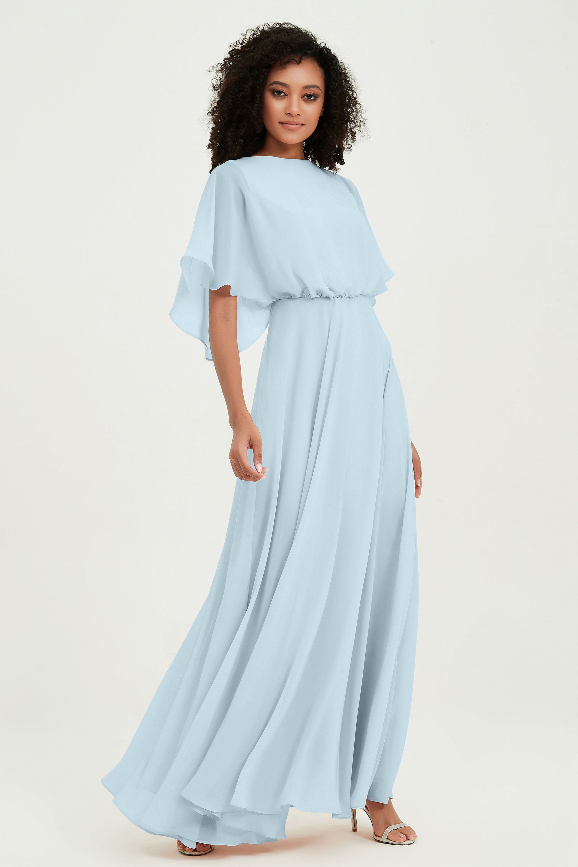 Flutter Sleeves Jewel Chiffon Bridesmaid Dress Floor Length Formal Evening Dresses Gowns