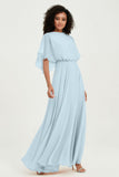 Flutter Sleeves Jewel Chiffon Bridesmaid Dress Floor Length Formal Evening Dresses Gowns