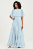Flutter Sleeves Jewel Chiffon Bridesmaid Dress Floor Length Formal Evening Dresses Gowns