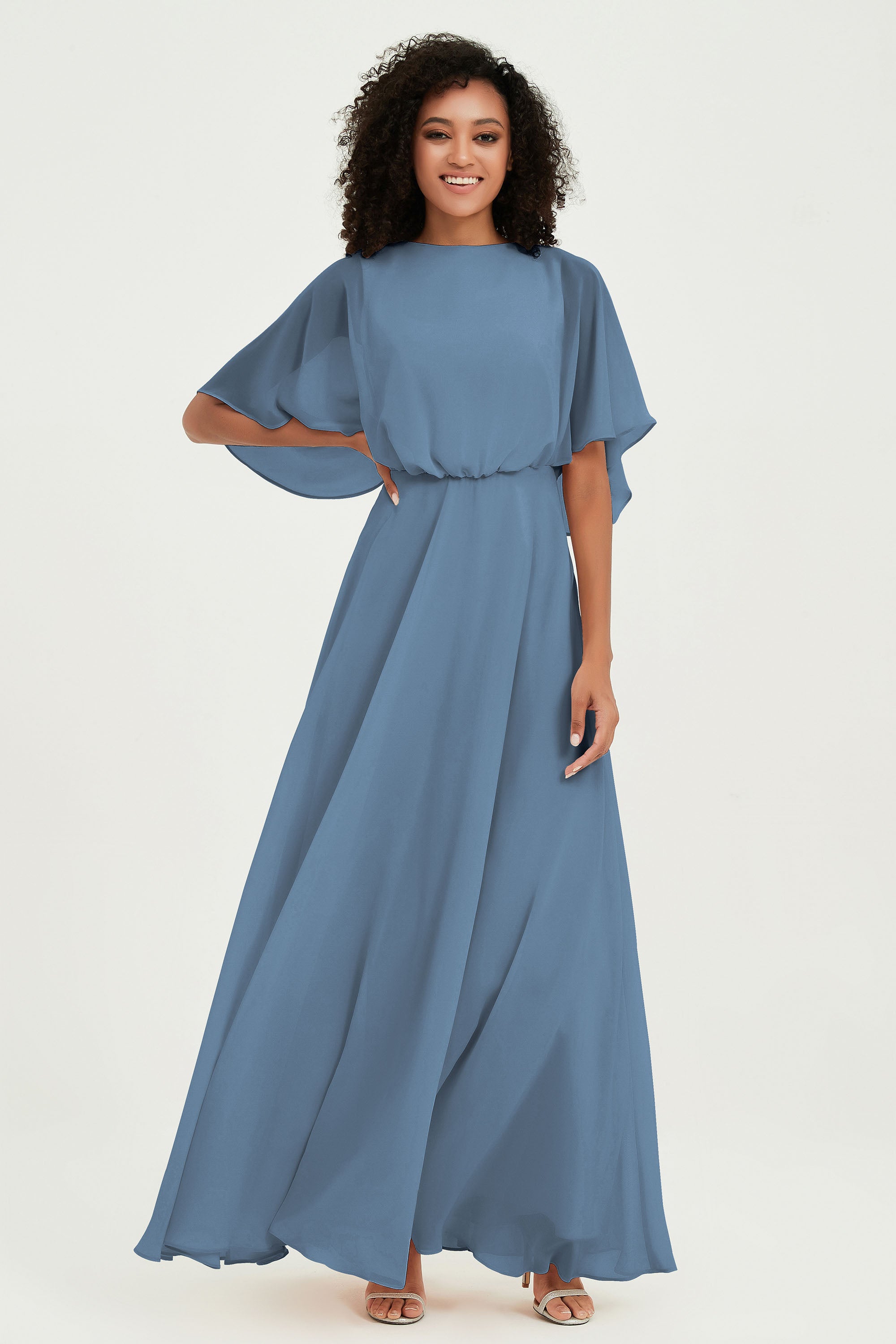 Flutter Sleeves Jewel Chiffon Bridesmaid Dress Floor Length Formal Evening Dresses Gowns