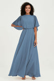 Flutter Sleeves Jewel Chiffon Bridesmaid Dress Floor Length Formal Evening Dresses Gowns